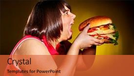  Presentation with mindful eating - Slide deck featuring obesity fast food - overweight woman eating hamburger background and a red colored foreground