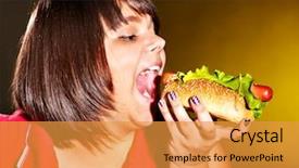  Presentation with eating disorders anorexia - PPT layouts with obesity fast food - overweight woman eating hamburger background and a gold colored foreground