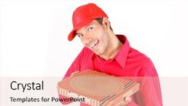 Presentation with car body repairer holding - Presentation consisting of obesity fast food - pizza delivering man holding pizza-carton background and a lemonade colored foreground