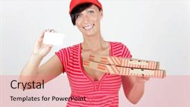  Presentation with business card - Slide set consisting of obesity fast food - pizza delivering woman holding business background and a coral colored foreground