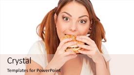  Presentation with burger - Theme with obesity fast food - portrait of woman with burger background and a  colored foreground