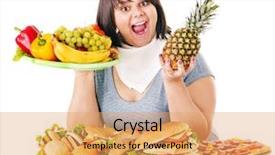  Presentation with obesity food - Audience pleasing presentation consisting of obesity fast food - woman choosing between fruit backdrop and a yellow colored foreground