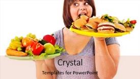  Presentation with obesity food - Presentation design having obesity fast food - woman choosing between fruit background and a coral colored foreground