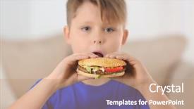  Presentation with burger - Colorful presentation enhanced with obesity kids - overweight boy eating burger backdrop and a coral colored foreground