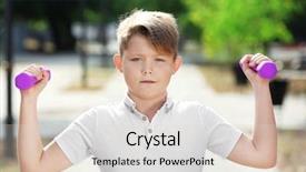  Presentation with obesity - Presentation theme consisting of obesity kids - overweight boy with dumbbells training background and a light gray colored foreground