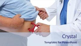 Presentation with obese - Colorful presentation design enhanced with obesity measurement - doctor measuring obese man stomach backdrop and a sky blue colored foreground