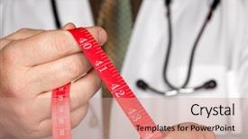  Presentation with measuring - Cool new PPT theme with obesity measurement - doctor with stethoscope holding red backdrop and a coral colored foreground