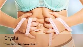  Presentation with fat - Slides enhanced with obesity measurement - overweight woman measuring her fat background and a coral colored foreground