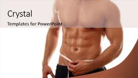  Presentation with is silenced duct tape - Amazing slides having obesity measurement - semi-nude bodybuilder with a measuring backdrop and a soft green colored foreground