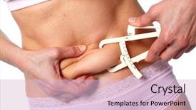  Presentation with big fat belly girl - Slide set consisting of obesity measurement - woman measuring fat belly overweight background and a lemonade colored foreground