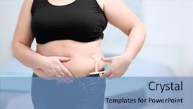  Presentation with weight loss - Presentation theme featuring obesity surgery - stout adult woman with caliper background and a teal colored foreground
