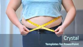  Presentation with weight loss - PPT theme enhanced with obesity surgery - stout adult woman with measuring background and a ocean colored foreground