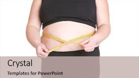  Presentation with weight loss - Slide deck consisting of obesity surgery - stout adult woman with measuring background and a mint green colored foreground