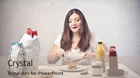  Presentation with foods - Theme featuring obesity teenagers - greedy woman eats unhealthy foods background and a soft green colored foreground