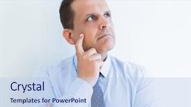  Presentation with lean management thinking - Presentation theme with objections successes - middle age man thinking clueless background and a  colored foreground