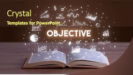  Presentation with business book - PPT layouts having objective-inscription-coming-out background and a tawny brown colored foreground