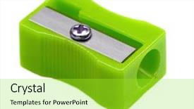  Presentation with white green - Colorful presentation theme enhanced with objects - green pencil sharpener isolated backdrop and a yellow colored foreground