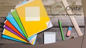  Presentation with education supplies - Colorful PPT theme enhanced with objects for education school supplies backdrop and a coral colored foreground