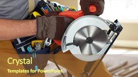  Presentation with hands and word volunteer - Cool new PPT theme with objects wooden planks - construction worker hands with circular backdrop and a  colored foreground