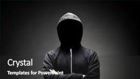  Presentation with computer hacker - PPT theme featuring obscured dark face data thief background and a dark gray colored foreground