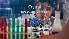  Presentation with glass chemistry lab equipment - Presentation theme having observation medicine - thinking chemist near equipment observing background and a  colored foreground