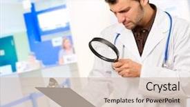  Presentation with looking glass - Presentation having observation medicine - young doctor looking through magnifying background and a  colored foreground