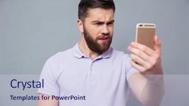  Presentation with man looking up happy - Presentation design consisting of obsession - portrait of a young man background and a sky blue colored foreground