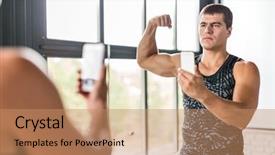  Presentation with flexing - Audience pleasing theme consisting of obsession - portrait of proud bodybuilder boasting backdrop and a coral colored foreground