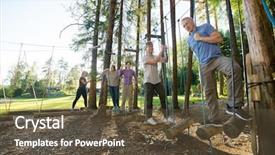  Presentation with share friends - Cool new theme with obstacle course - fit friends standing on swinging backdrop and a tawny brown colored foreground