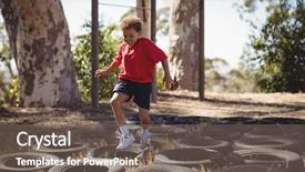  Presentation with obstacle course - Presentation having obstacles - boy running over tyres background and a violet colored foreground