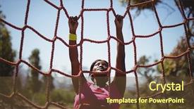  Presentation with obstacle course - Presentation theme enhanced with obstacles - determined woman climbing a net background and a tawny brown colored foreground