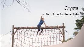  Presentation with obstacle course - Audience pleasing slide deck consisting of obstacles - fit woman with hand raised backdrop and a white colored foreground