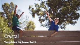  Presentation with obstacle course - Presentation enhanced with obstacles - kids cheering on wooden wall background and a tawny brown colored foreground