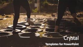  Presentation with obstacle course - Colorful PPT theme enhanced with obstacles - low section of friends running backdrop and a tawny brown colored foreground