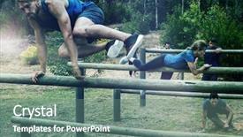  Presentation with camp - Slide deck with obstacles - people jumping over the hurdles background and a ocean colored foreground