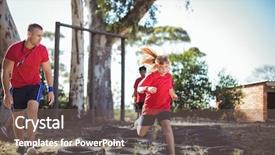  Presentation with training camp - Slide set featuring obstacles - trainer instructing kids during tyres background and a gray colored foreground