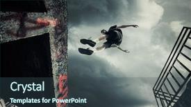  Presentation with young athletes box jumping - Cool new PPT theme with obstacles - young man doing parkour jump backdrop and a ocean colored foreground