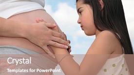  Presentation with obstetrics - Theme with obstetrics gynecology - young girl touching the belly background and a coral colored foreground