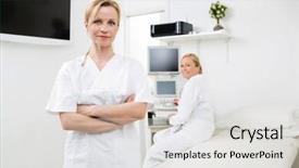  Presentation with gynecologist - Presentation consisting of obstetrics ultrasound - portrait of confident gynecologist standing background and a light gray colored foreground