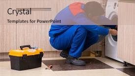  Presentation with machine - Theme featuring occcupational disorders - repairman repairing washing machine background and a soft green colored foreground