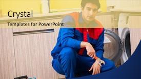  Presentation with china clothes washing machine - Slide deck having occcupational disorders - repairman repairing washing machine background and a yellow colored foreground