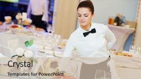  Presentation with waitress - Audience pleasing presentation design consisting of occupation young woman with food backdrop and a soft green colored foreground