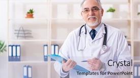  Presentation with working in a clinic - PPT theme enhanced with occupational diseases - aged male doctor working background and a light blue colored foreground