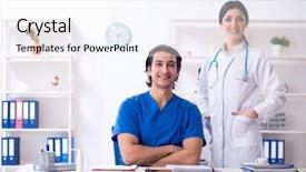  Presentation with working in a clinic - Presentation enhanced with occupational diseases - two young doctors working background and a  colored foreground