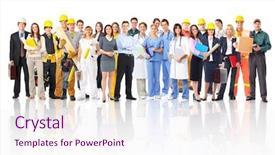  Presentation with group - Colorful theme enhanced with occupational health - large group of smiling workers backdrop and a sky blue colored foreground