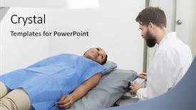  Presentation with doctor examining a newborn baby - Presentation featuring occupational health controls - woman looking at male doctor background and a white colored foreground