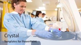  Presentation with occupational - Slide set featuring occupational health safety - female researcher loading samples background and a light blue colored foreground