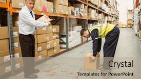  Presentation with occupational health safety - PPT theme featuring occupational health safety - manager watching worker carrying boxes background and a mint green colored foreground