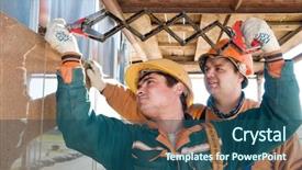  Presentation with angry construction workers - Colorful PPT theme enhanced with occupational industry - two construction workers builders riveting backdrop and a  colored foreground