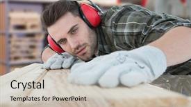  Presentation with carpenter - Presentation theme enhanced with occupational safety - carpenter measuring wooden plank background and a  colored foreground